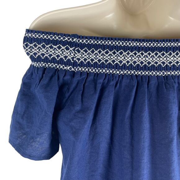 Vineyard Vines Off the Shoulder Embroider Linen Top Navy Blue Size XS - Picture 6 of 7